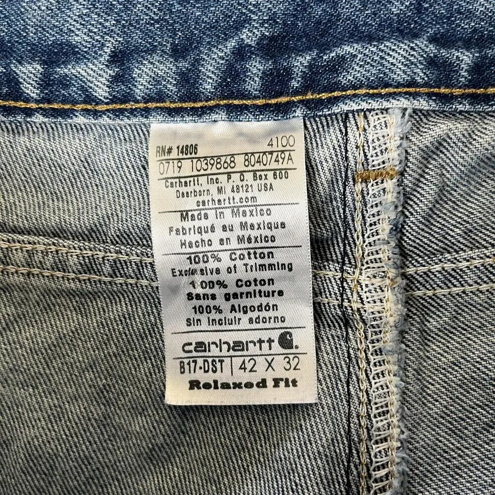 Carhartt Jeans Mens 42x32 Blue Relaxed Tapered Work Denim Medium Wash B17-DST
